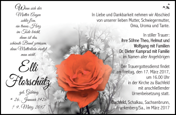 Traueranzeige von Elli Florschütz von Südthüringer Presse