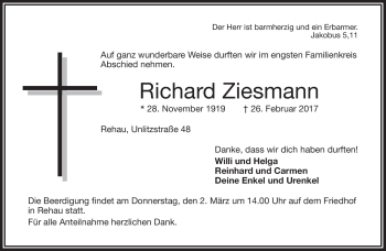 Traueranzeige von Richard Ziesmann von Frankenpost