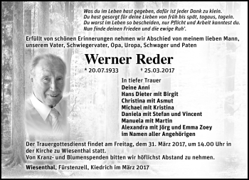 Traueranzeige von Reder Werner von Südthüringer Presse