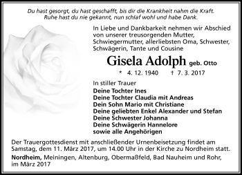 Traueranzeige von Gisela Adolph von Südthüringer Presse