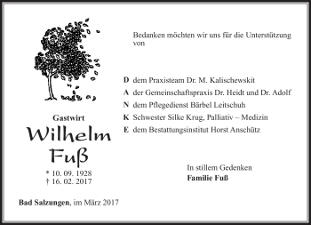 Traueranzeige von Wilhelm Fuß von Südthüringer Presse