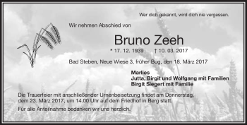 Traueranzeige von Bruno Zeeh von Frankenpost