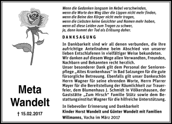 Traueranzeige von Meta Wandelt von Südthüringer Presse