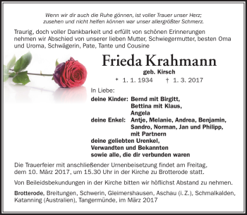 Traueranzeige von Frieda Krahmann von Südthüringer Presse