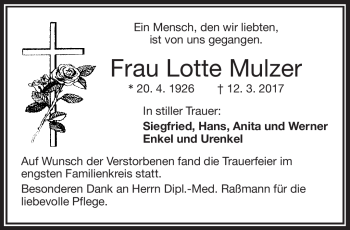 Traueranzeige von Lotte Mulzer von Frankenpost