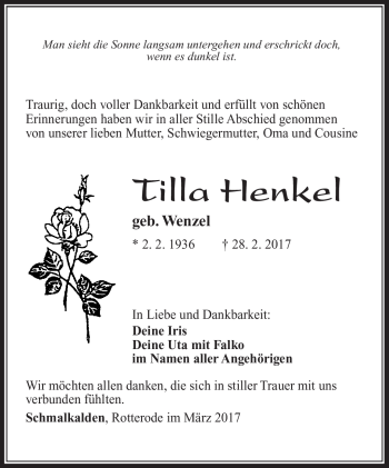 Traueranzeige von Tilla Henkel von Südthüringer Presse