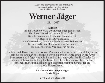 Traueranzeige von Werner Jäger von Südthüringer Presse