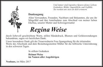 Traueranzeige von Regina Weise von Südthüringer Presse