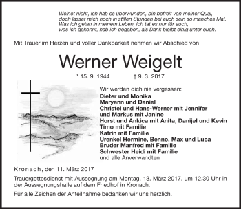 Traueranzeige von Werner Weigelt von Neue Presse Coburg