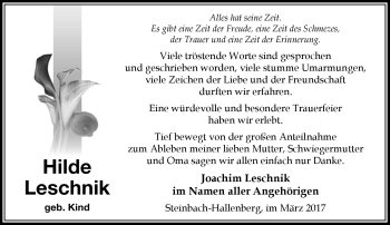 Traueranzeige von Hilde Leschnik von Südthüringer Presse
