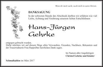 Traueranzeige von Hans-Jürgen Gehrke von Südthüringer Presse