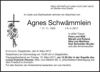 Traueranzeige von Agnes Schwämmlein von Neue Presse Coburg