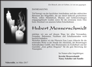 Traueranzeige von Hubert Messerschmidt von Südthüringer Presse