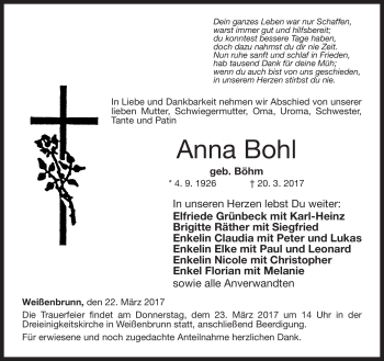 Traueranzeige von Anna Bohl von Neue Presse Coburg