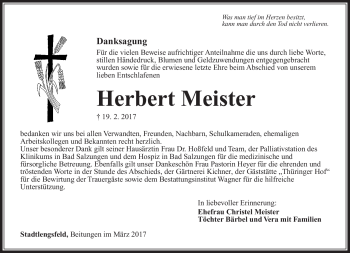 Traueranzeige von Herbert Meister von Südthüringer Presse