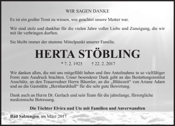 Traueranzeige von Herta Stöbling von Südthüringer Presse