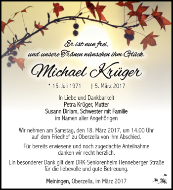 Traueranzeige von Michael Krüger von Südthüringer Presse