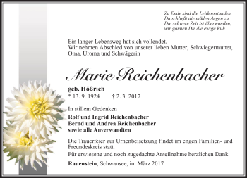 Traueranzeige von Marie Reichenbacher von Südthüringer Presse