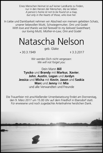 Traueranzeige von Natascha Nelson von Neue Presse Coburg
