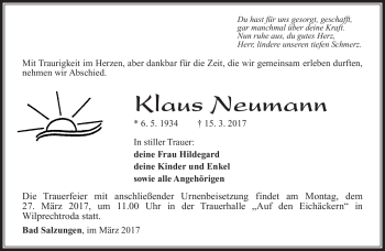 Traueranzeige von Klaus Neumann von Südthüringer Presse