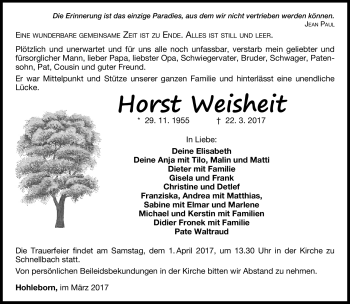 Traueranzeige von Horst Weisheit von Südthüringer Presse