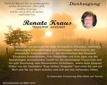 Traueranzeige von Renate Kraus von Südthüringer Presse