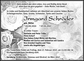 Traueranzeige von Irmgard Schröder von Südthüringer Presse