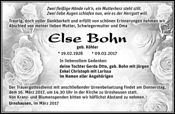 Traueranzeige von Else Bohn von Südthüringer Presse