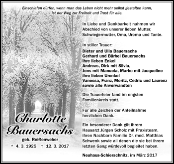 Traueranzeige von Charlotte Bauernsachs von Südthüringer Presse