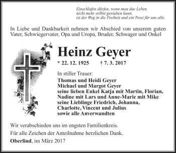 Traueranzeige von Heinz Geyer von Südthüringer Presse