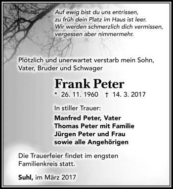 Traueranzeige von Frank Peter von Südthüringer Presse