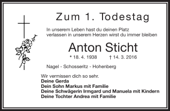 Traueranzeige von Anton Sticht von Frankenpost