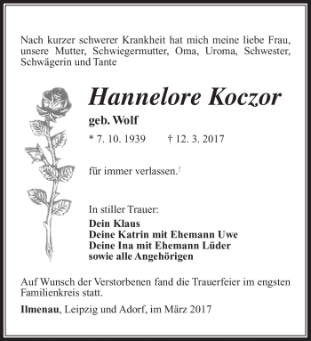 Traueranzeige von Hannelore Koczor von Südthüringer Presse