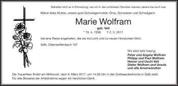 Traueranzeige von Marie Wolfram von Frankenpost