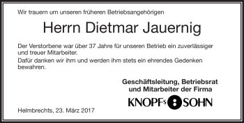 Traueranzeige von Dietmar Jauernig von Frankenpost