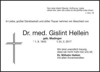 Traueranzeige von Gislint Hellein von Neue Presse Coburg