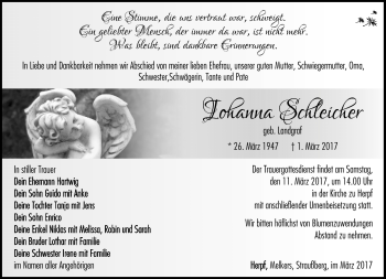 Traueranzeige von Johanna Schleicher von Südthüringer Presse