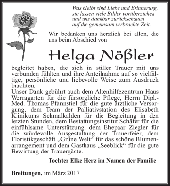 Traueranzeige von Helga Nößler von Südthüringer Presse