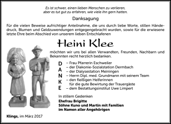Traueranzeige von Heini Klee von Südthüringer Presse