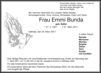 Traueranzeige von Emmi Bunda von Frankenpost