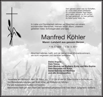 Traueranzeige von Manfred Köhler von Frankenpost