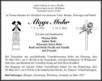 Traueranzeige von Aloys Mohr von Südthüringer Presse
