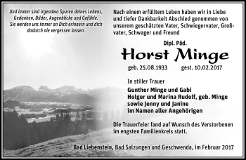 Traueranzeige von Horst Minge von Südthüringer Presse