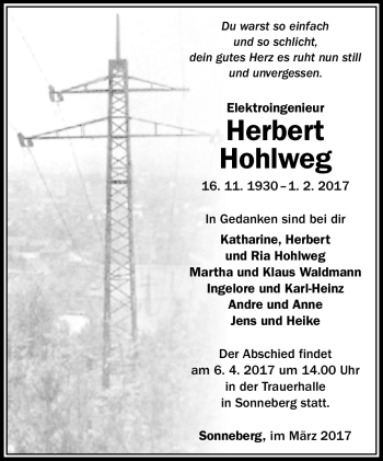 Traueranzeige von Herbert Hohlweg von Südthüringer Presse