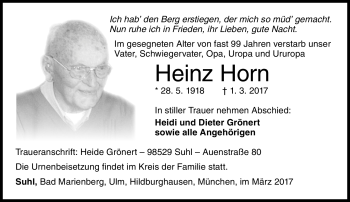 Traueranzeige von Heinz Horn von Südthüringer Presse
