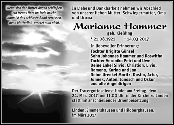 Traueranzeige von Marianne Hammer von Südthüringer Presse