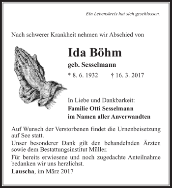 Traueranzeige von Ida Böhm von Südthüringer Presse