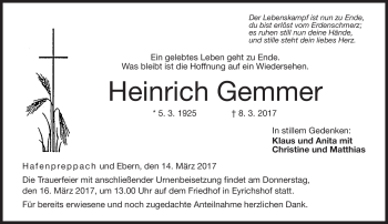 Traueranzeige von Heinrich Gemmer von Neue Presse Coburg