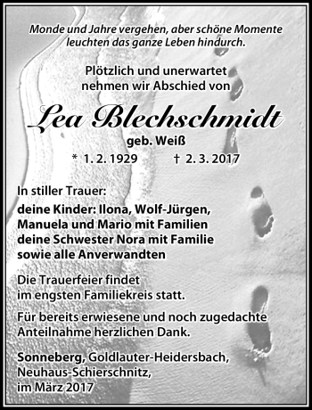 Traueranzeige von Lea Blechschmidt von Südthüringer Presse