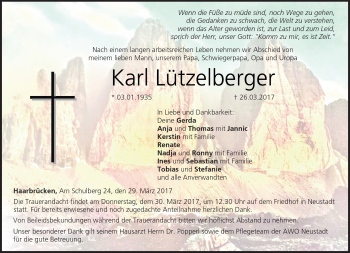 Traueranzeige von Karl Lützelberger von Neue Presse Coburg